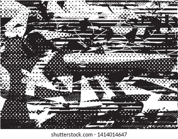 Distressed background in black and white texture with dots, spots, scratches and lines. Abstract vector illustration