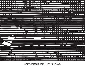 Distressed background in black and white texture with dots, spots, scratches and lines. Abstract vector illustration