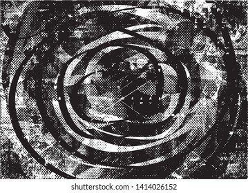 Distressed background in black and white texture with dots, spots, scratches and lines. Abstract vector illustration
