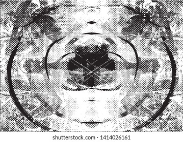 Distressed background in black and white texture with dots, spots, scratches and lines. Abstract vector illustration