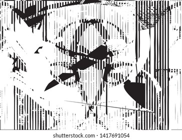 Distressed background in black and white texture with  dark spots, nets, scratches and lines. Abstract vector illustration