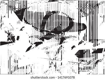 Distressed background in black and white texture with  dark spots, nets, scratches and lines. Abstract vector illustration
