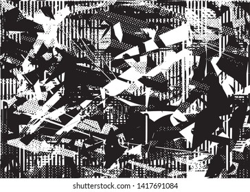 Distressed background in black and white texture with  dark spots, nets, scratches and lines. Abstract vector illustration