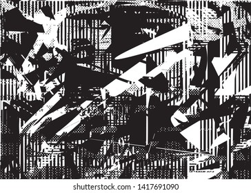 Distressed background in black and white texture with  dark spots, nets, scratches and lines. Abstract vector illustration