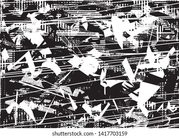 Distressed background in black and white texture with  dark spots, nets, scratches and lines. Abstract vector illustration