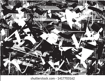 Distressed background in black and white texture with  dark spots, nets, scratches and lines. Abstract vector illustration