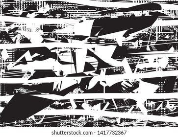 Distressed background in black and white texture with  dark spots, nets, scratches and lines. Abstract vector illustration