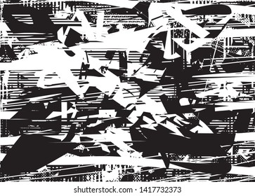 Distressed background in black and white texture with  dark spots, nets, scratches and lines. Abstract vector illustration