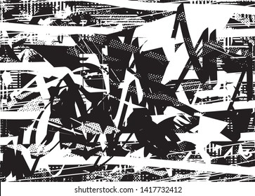 Distressed background in black and white texture with  dark spots, nets, scratches and lines. Abstract vector illustration