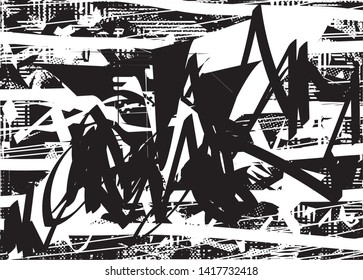 Distressed background in black and white texture with  dark spots, nets, scratches and lines. Abstract vector illustration