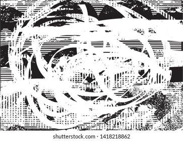 Distressed background in black and white texture with dots, spots, scratches and lines. Abstract vector illustration