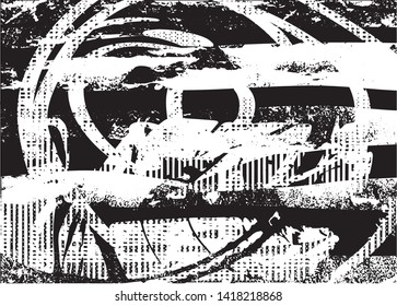 Distressed background in black and white texture with dots, spots, scratches and lines. Abstract vector illustration