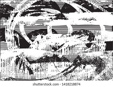 Distressed background in black and white texture with dots, spots, scratches and lines. Abstract vector illustration