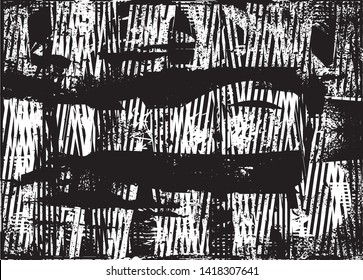Distressed background in black and white texture with dots, spots, scratches and lines. Abstract vector illustration