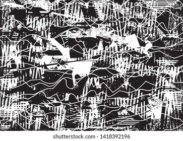 Distressed background in black and white texture with dots, spots, scratches and lines. Abstract vector illustration