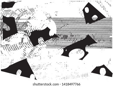 Distressed background in black and white texture with dots, spots, scratches and lines. Abstract vector illustration