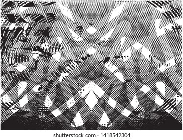Distressed background in black and white texture with dots, spots, scratches and lines. Abstract vector illustration