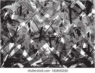 Distressed background in black and white texture with dots, spots, scratches and lines. Abstract vector illustration
