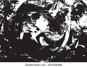 Distressed background in black and white texture with dots, spots, scratches and lines. Abstract vector illustration