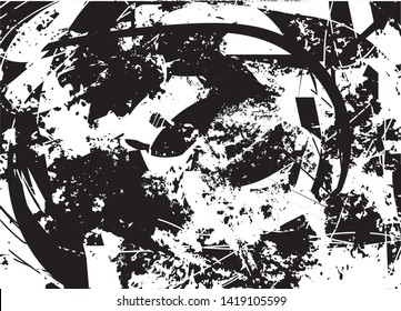 Distressed background in black and white texture with dots, spots, scratches and lines. Abstract vector illustration