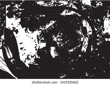 Distressed background in black and white texture with dots, spots, scratches and lines. Abstract vector illustration