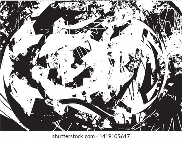 Distressed background in black and white texture with dots, spots, scratches and lines. Abstract vector illustration