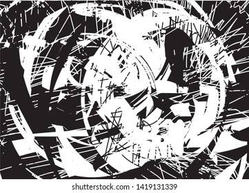 Distressed background in black and white texture with dots, spots, scratches and lines. Abstract vector illustration