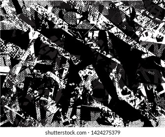 Distressed background in black and white texture with spots, scratches and lines. Abstract vector illustration