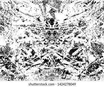 Distressed background in black and white texture with spots, scratches and lines. Abstract vector illustration