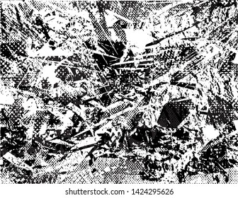 Distressed background in black and white texture with  dark spots, nets, scratches and lines. Abstract vector illustration