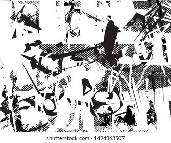 Distressed background in black and white texture with  dark spots, nets, scratches and lines. Abstract vector illustration