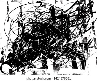 Distressed background in black and white texture with  dark spots, nets, scratches and lines. Abstract vector illustration