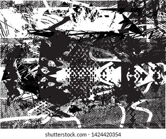 Distressed background in black and white texture with  dark spots, nets, scratches and lines. Abstract vector illustration