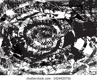 Distressed background in black and white texture with  dark spots, nets, scratches and lines. Abstract vector illustration