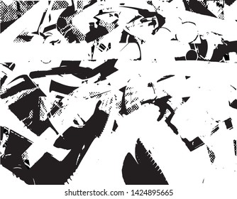 Distressed background in black and white texture with dots, spots, scratches and lines. Abstract vector illustration
