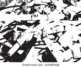 Distressed background in black and white texture with dots, spots, scratches and lines. Abstract vector illustration