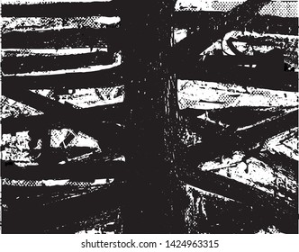 Distressed background in black and white texture with dots, spots, scratches and lines. Abstract vector illustration