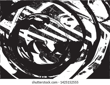 Distressed background in black and white texture with dots, spots, scratches and lines. Abstract vector illustration