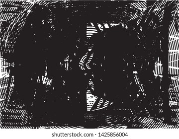 Distressed background in black and white texture with dots, spots, scratches and lines. Abstract vector illustration
