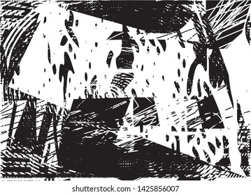 Distressed background in black and white texture with dots, spots, scratches and lines. Abstract vector illustration