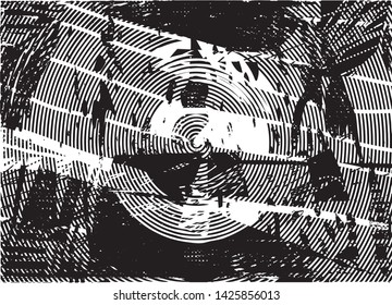 Distressed background in black and white texture with dots, spots, scratches and lines. Abstract vector illustration