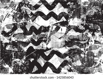 Distressed background in black and white texture with dots, spots, scratches and lines. Abstract vector illustration
