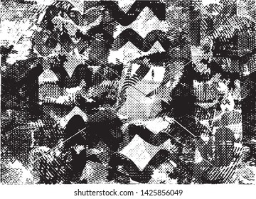 Distressed background in black and white texture with dots, spots, scratches and lines. Abstract vector illustration
