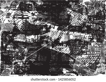 Distressed background in black and white texture with dots, spots, scratches and lines. Abstract vector illustration