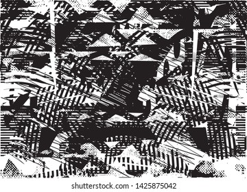 Distressed background in black and white texture with dots, spots, scratches and lines. Abstract vector illustration