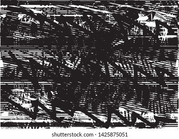 Distressed background in black and white texture with dots, spots, scratches and lines. Abstract vector illustration