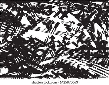 Distressed background in black and white texture with dots, spots, scratches and lines. Abstract vector illustration