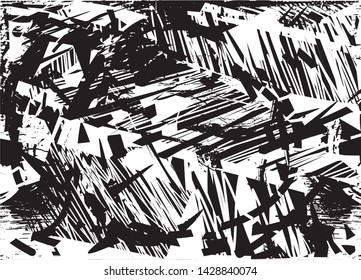 Distressed background in black and white texture with dots, spots, scratches and lines. Abstract vector illustration