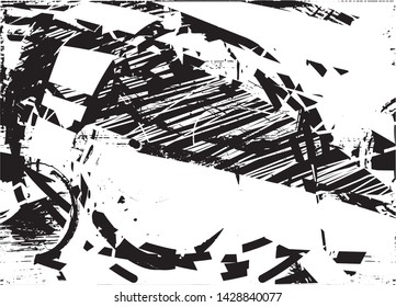Distressed background in black and white texture with dots, spots, scratches and lines. Abstract vector illustration