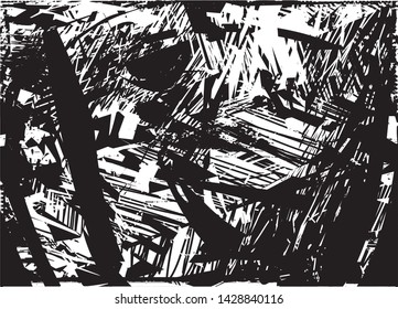 Distressed background in black and white texture with dots, spots, scratches and lines. Abstract vector illustration